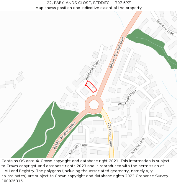 22, PARKLANDS CLOSE, REDDITCH, B97 6PZ: Location map and indicative extent of plot