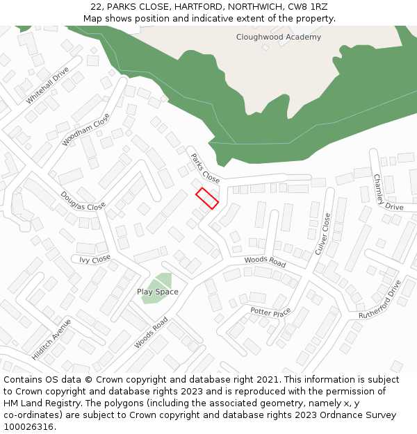 22, PARKS CLOSE, HARTFORD, NORTHWICH, CW8 1RZ: Location map and indicative extent of plot