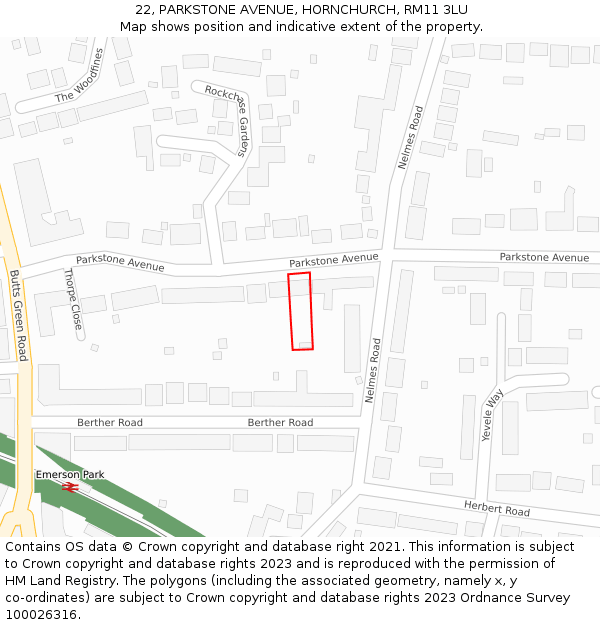 22, PARKSTONE AVENUE, HORNCHURCH, RM11 3LU: Location map and indicative extent of plot