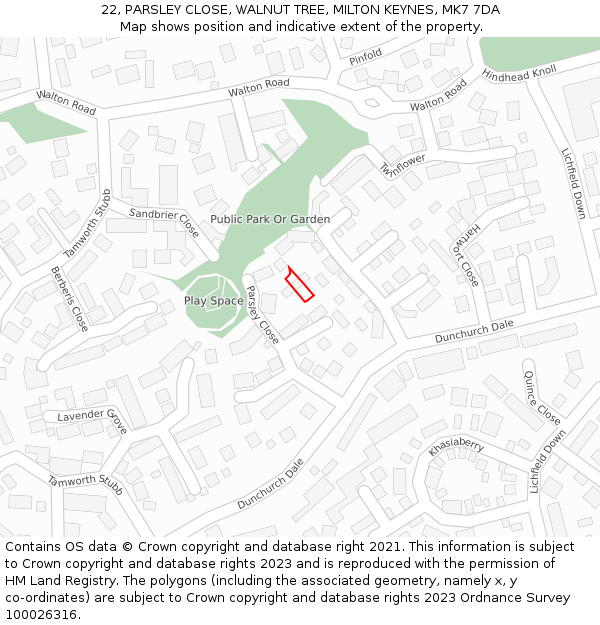 22, PARSLEY CLOSE, WALNUT TREE, MILTON KEYNES, MK7 7DA: Location map and indicative extent of plot
