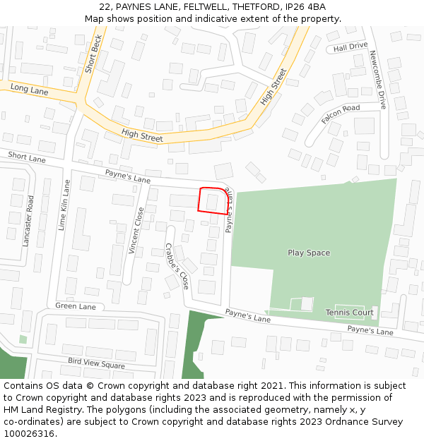 22, PAYNES LANE, FELTWELL, THETFORD, IP26 4BA: Location map and indicative extent of plot