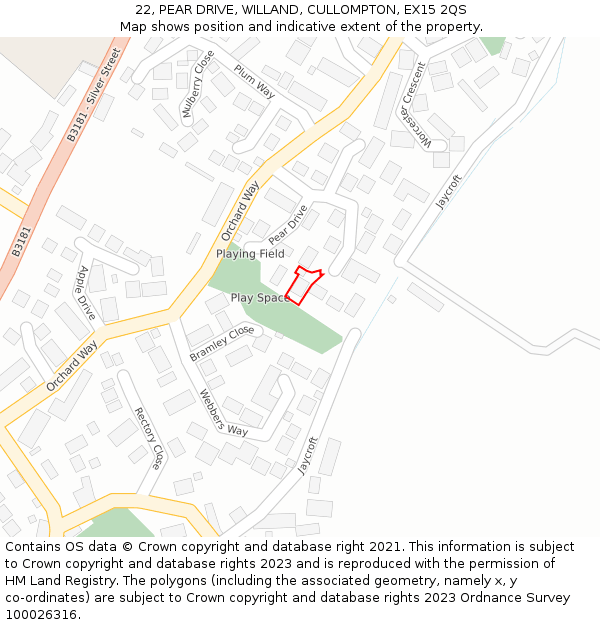 22, PEAR DRIVE, WILLAND, CULLOMPTON, EX15 2QS: Location map and indicative extent of plot