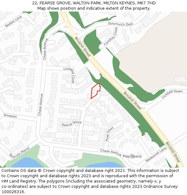 22, PEARSE GROVE, WALTON PARK, MILTON KEYNES, MK7 7HD: Location map and indicative extent of plot