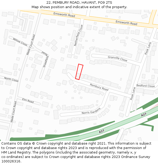 22, PEMBURY ROAD, HAVANT, PO9 2TS: Location map and indicative extent of plot