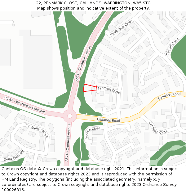 22, PENMARK CLOSE, CALLANDS, WARRINGTON, WA5 9TG: Location map and indicative extent of plot