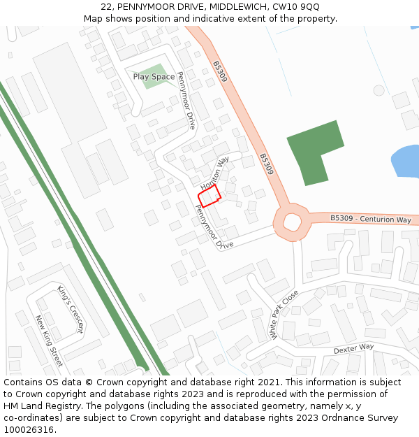 22, PENNYMOOR DRIVE, MIDDLEWICH, CW10 9QQ: Location map and indicative extent of plot