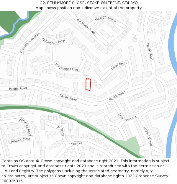 22, PENNYMORE CLOSE, STOKE-ON-TRENT, ST4 8YQ: Location map and indicative extent of plot