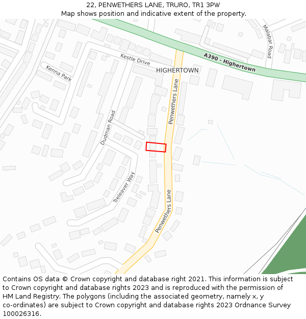 22, PENWETHERS LANE, TRURO, TR1 3PW: Location map and indicative extent of plot