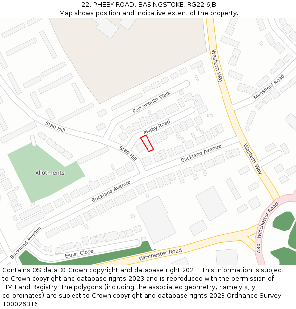 22, PHEBY ROAD, BASINGSTOKE, RG22 6JB: Location map and indicative extent of plot