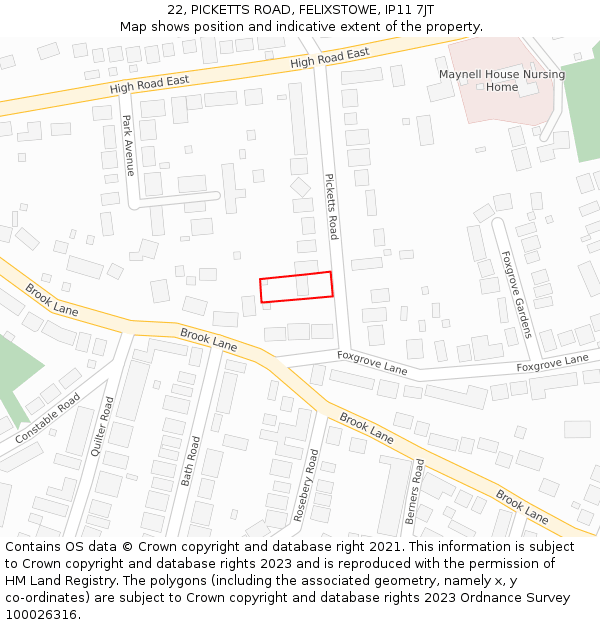 22, PICKETTS ROAD, FELIXSTOWE, IP11 7JT: Location map and indicative extent of plot