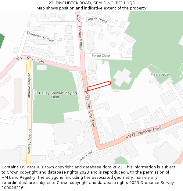 22, PINCHBECK ROAD, SPALDING, PE11 1QD: Location map and indicative extent of plot