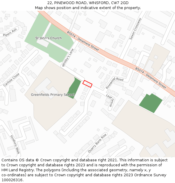 22, PINEWOOD ROAD, WINSFORD, CW7 2GD: Location map and indicative extent of plot