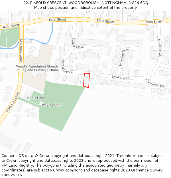 22, PINFOLD CRESCENT, WOODBOROUGH, NOTTINGHAM, NG14 6DQ: Location map and indicative extent of plot