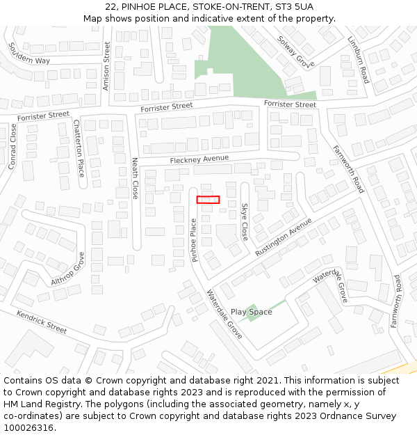 22, PINHOE PLACE, STOKE-ON-TRENT, ST3 5UA: Location map and indicative extent of plot