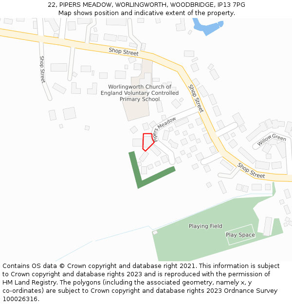22, PIPERS MEADOW, WORLINGWORTH, WOODBRIDGE, IP13 7PG: Location map and indicative extent of plot