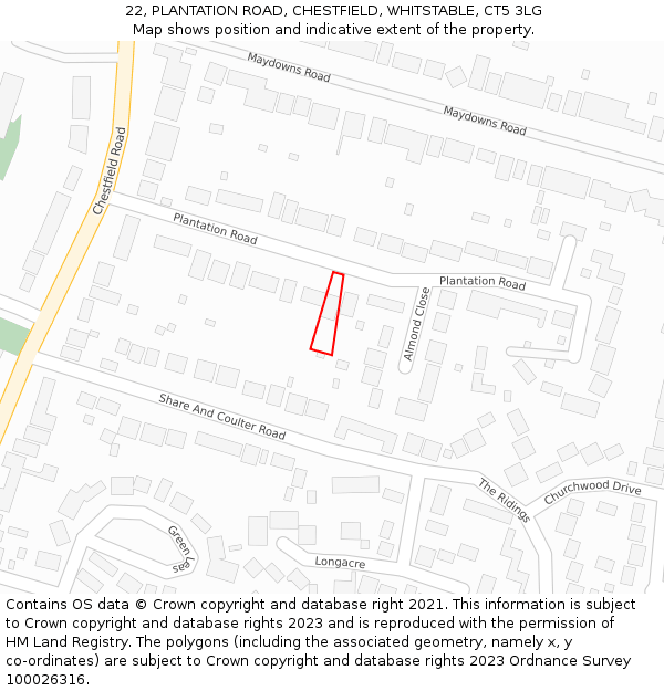 22, PLANTATION ROAD, CHESTFIELD, WHITSTABLE, CT5 3LG: Location map and indicative extent of plot