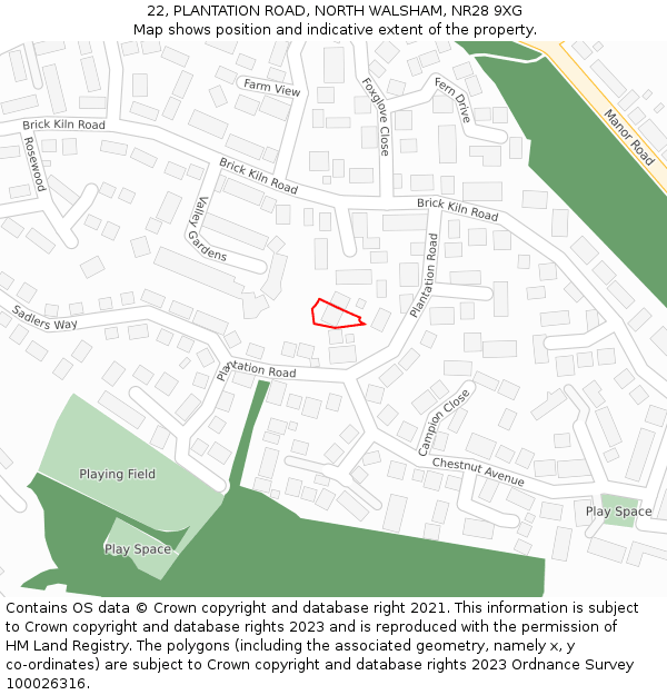 22, PLANTATION ROAD, NORTH WALSHAM, NR28 9XG: Location map and indicative extent of plot