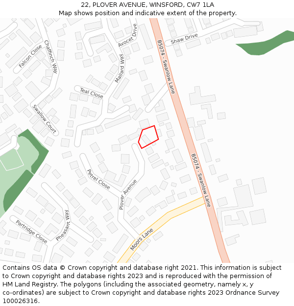 22, PLOVER AVENUE, WINSFORD, CW7 1LA: Location map and indicative extent of plot
