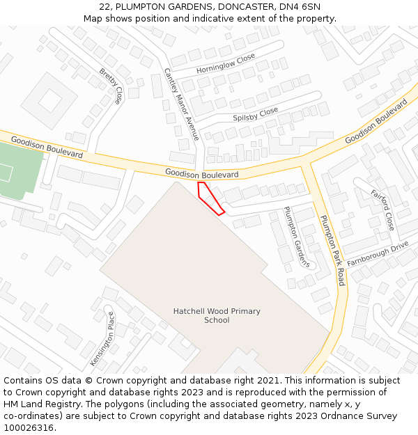 22, PLUMPTON GARDENS, DONCASTER, DN4 6SN: Location map and indicative extent of plot