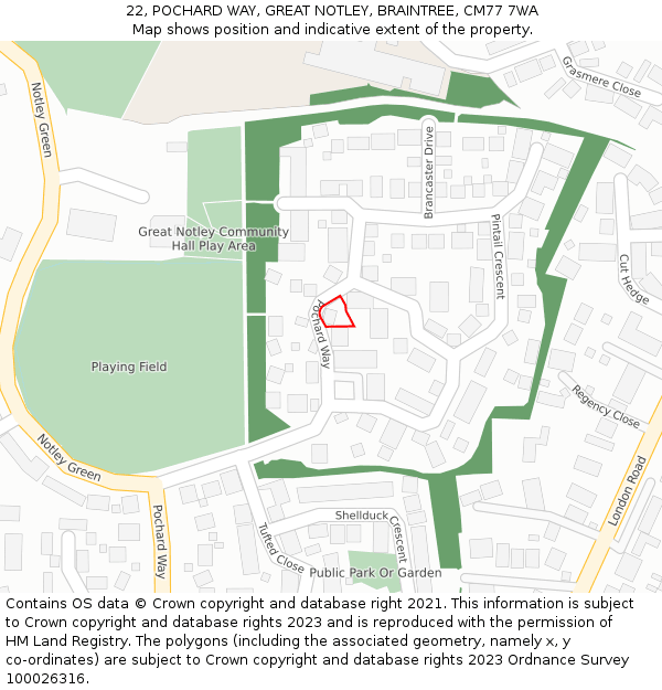 22, POCHARD WAY, GREAT NOTLEY, BRAINTREE, CM77 7WA: Location map and indicative extent of plot