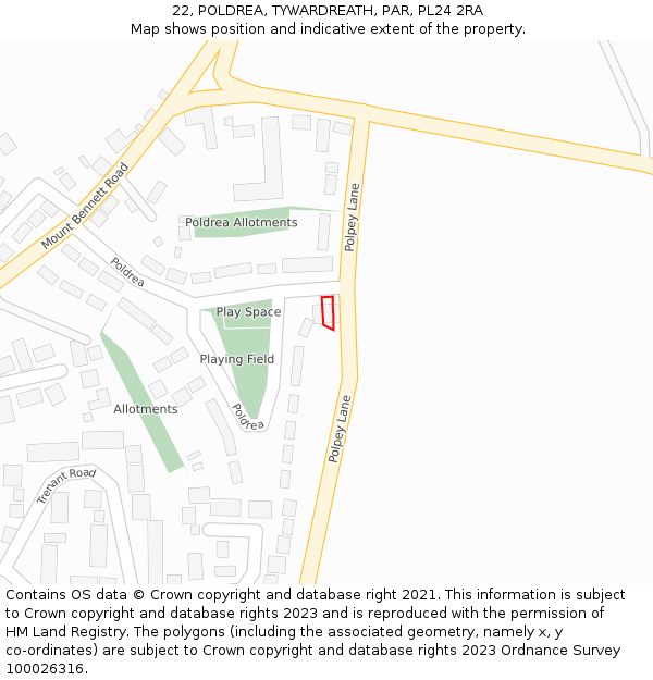 22, POLDREA, TYWARDREATH, PAR, PL24 2RA: Location map and indicative extent of plot