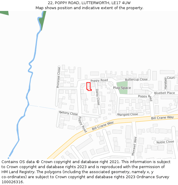 22, POPPY ROAD, LUTTERWORTH, LE17 4UW: Location map and indicative extent of plot