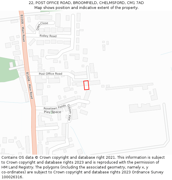 22, POST OFFICE ROAD, BROOMFIELD, CHELMSFORD, CM1 7AD: Location map and indicative extent of plot