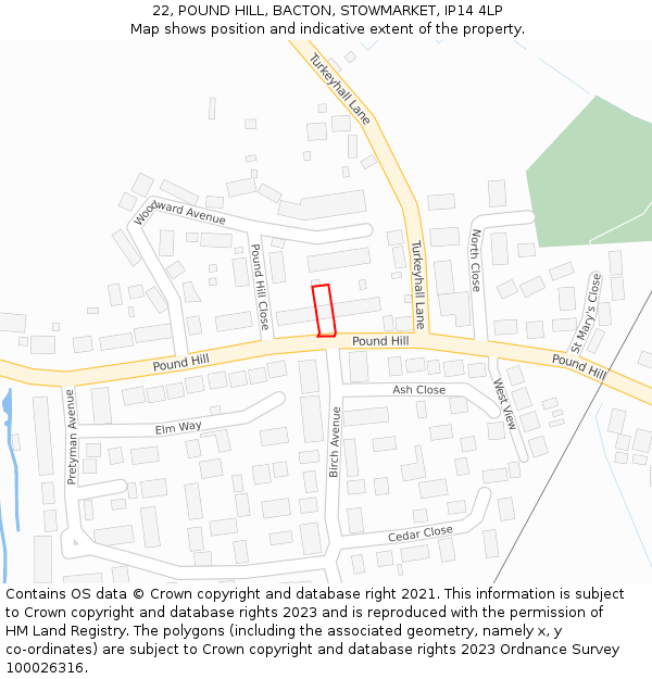 22, POUND HILL, BACTON, STOWMARKET, IP14 4LP: Location map and indicative extent of plot