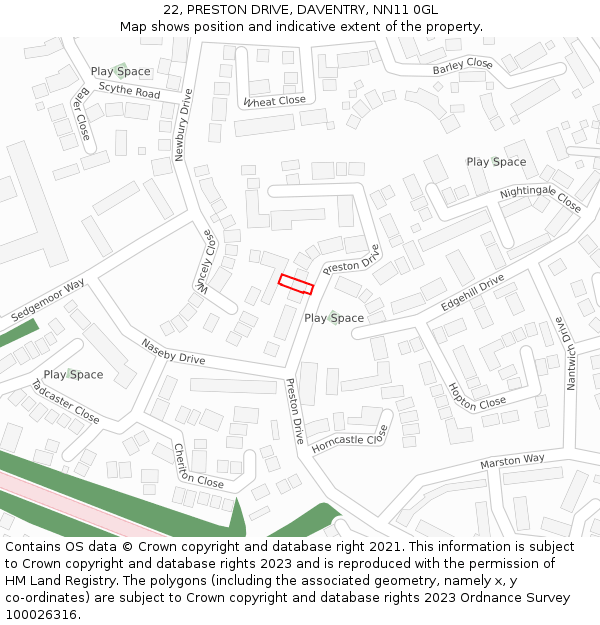 22, PRESTON DRIVE, DAVENTRY, NN11 0GL: Location map and indicative extent of plot