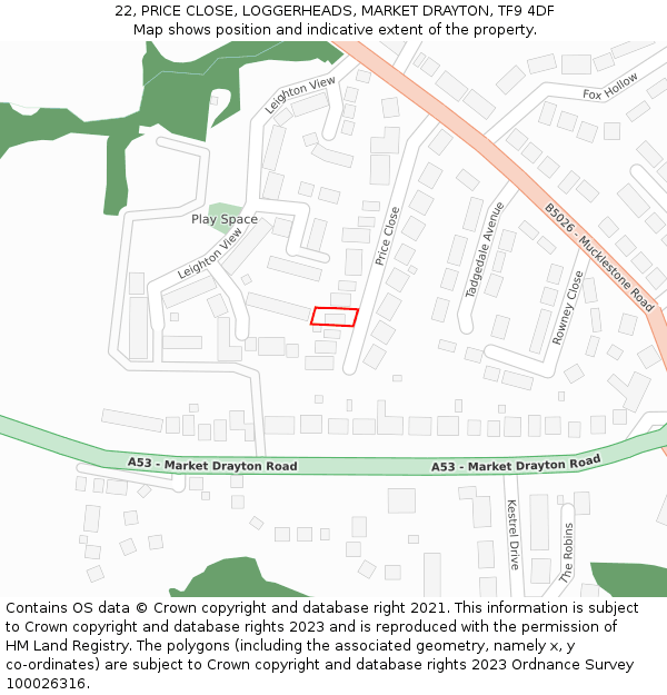 22, PRICE CLOSE, LOGGERHEADS, MARKET DRAYTON, TF9 4DF: Location map and indicative extent of plot