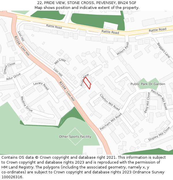22, PRIDE VIEW, STONE CROSS, PEVENSEY, BN24 5GF: Location map and indicative extent of plot