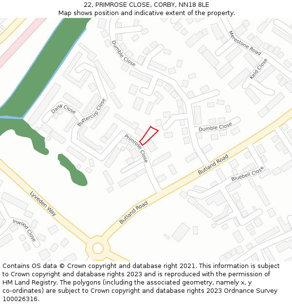 22, PRIMROSE CLOSE, CORBY, NN18 8LE: Location map and indicative extent of plot