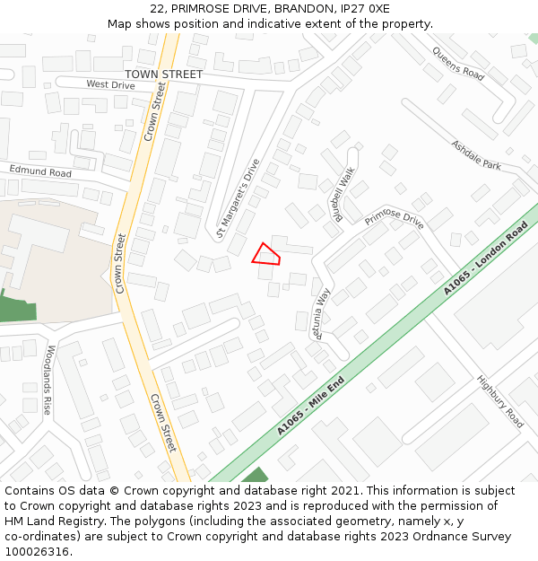 22, PRIMROSE DRIVE, BRANDON, IP27 0XE: Location map and indicative extent of plot