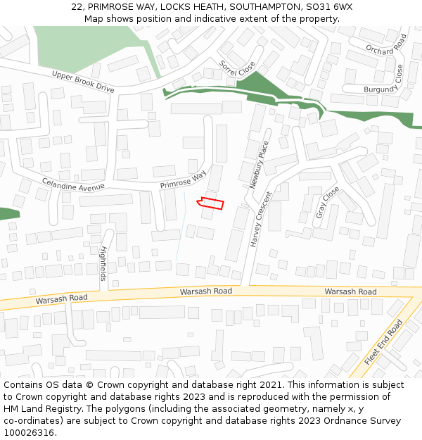 22, PRIMROSE WAY, LOCKS HEATH, SOUTHAMPTON, SO31 6WX: Location map and indicative extent of plot