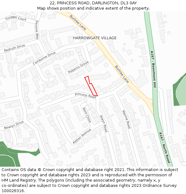 22, PRINCESS ROAD, DARLINGTON, DL3 0AY: Location map and indicative extent of plot