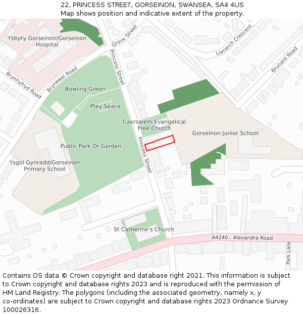 22, PRINCESS STREET, GORSEINON, SWANSEA, SA4 4US: Location map and indicative extent of plot