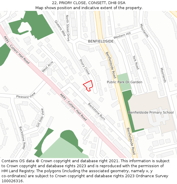 22, PRIORY CLOSE, CONSETT, DH8 0SA: Location map and indicative extent of plot