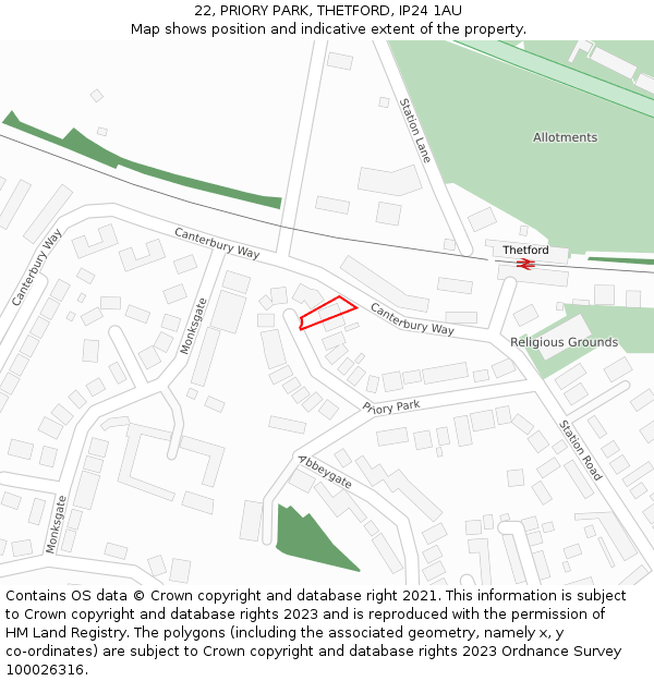 22, PRIORY PARK, THETFORD, IP24 1AU: Location map and indicative extent of plot