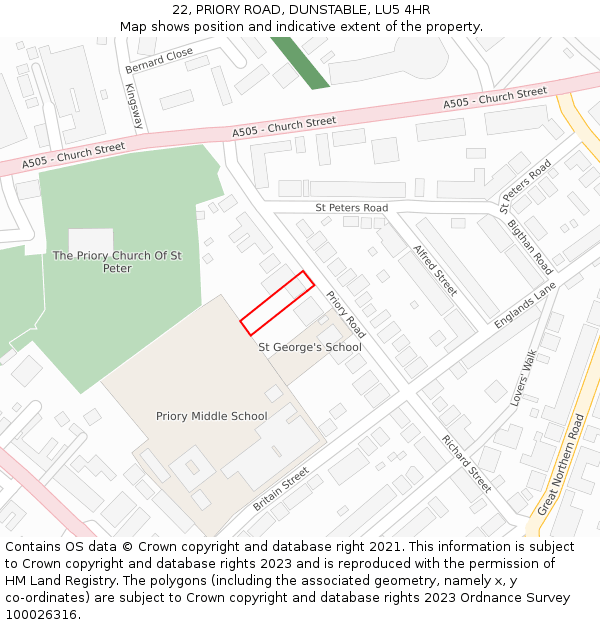 22, PRIORY ROAD, DUNSTABLE, LU5 4HR: Location map and indicative extent of plot