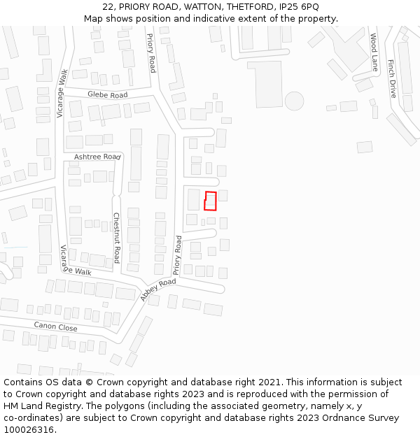 22, PRIORY ROAD, WATTON, THETFORD, IP25 6PQ: Location map and indicative extent of plot