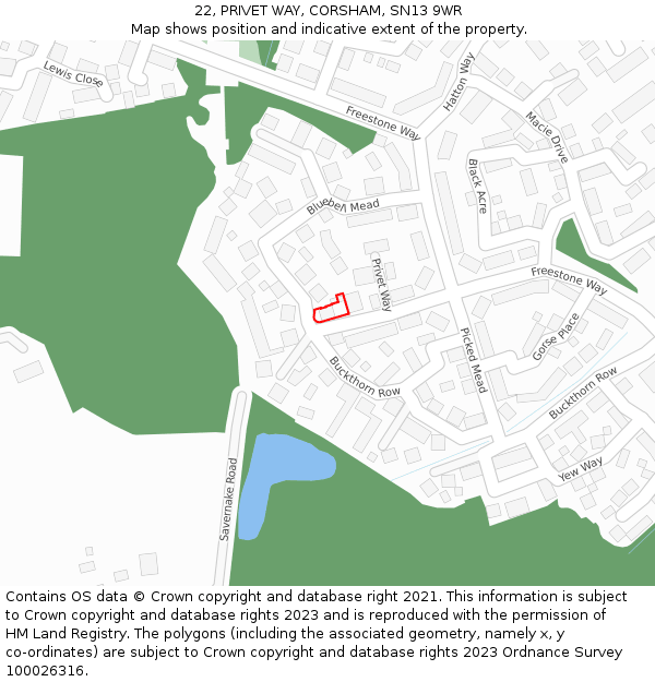 22, PRIVET WAY, CORSHAM, SN13 9WR: Location map and indicative extent of plot