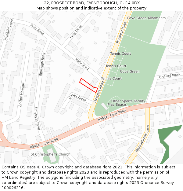 22, PROSPECT ROAD, FARNBOROUGH, GU14 0DX: Location map and indicative extent of plot