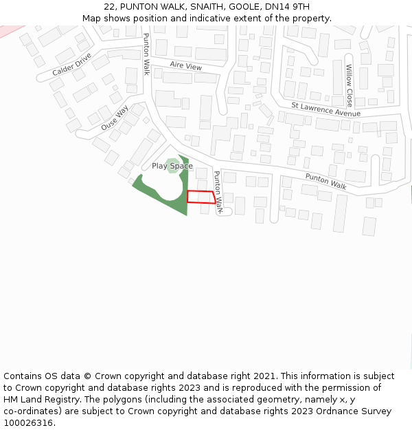 22, PUNTON WALK, SNAITH, GOOLE, DN14 9TH: Location map and indicative extent of plot