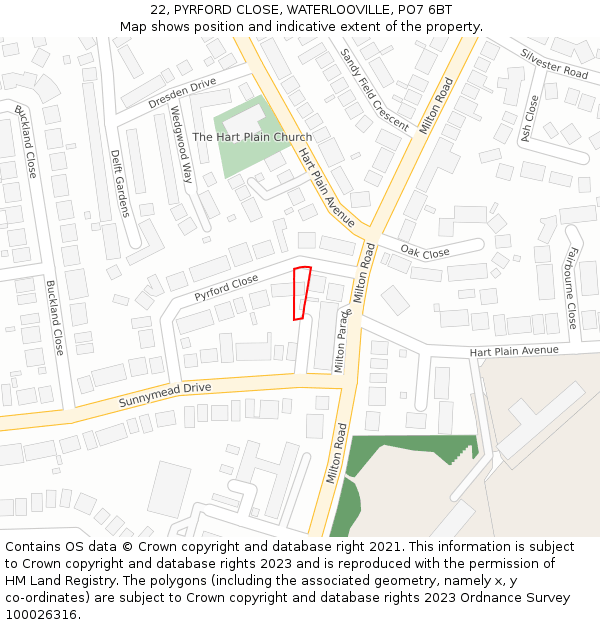 22, PYRFORD CLOSE, WATERLOOVILLE, PO7 6BT: Location map and indicative extent of plot