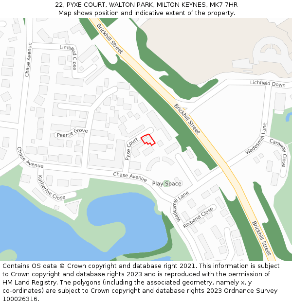 22, PYXE COURT, WALTON PARK, MILTON KEYNES, MK7 7HR: Location map and indicative extent of plot