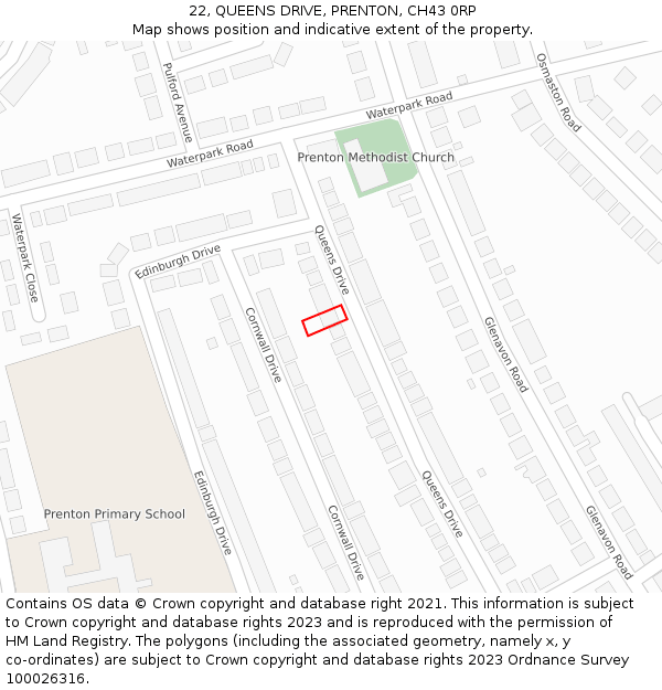 22, QUEENS DRIVE, PRENTON, CH43 0RP: Location map and indicative extent of plot