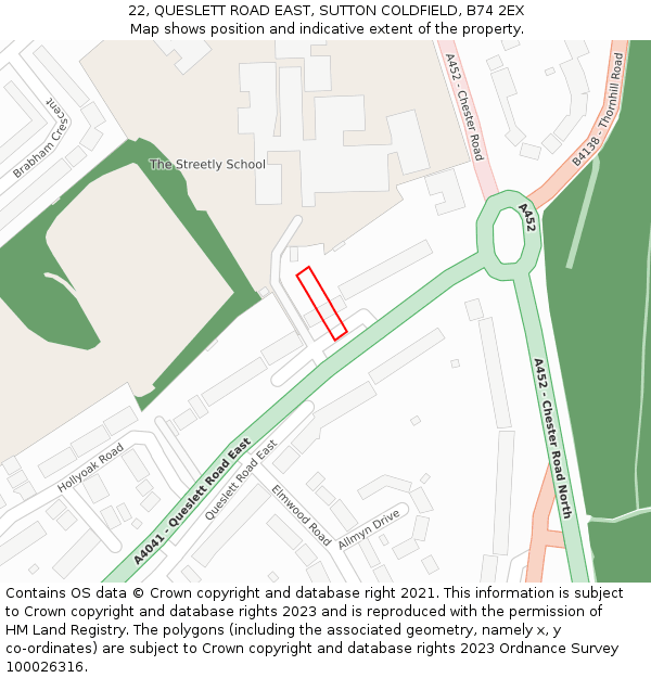 22, QUESLETT ROAD EAST, SUTTON COLDFIELD, B74 2EX: Location map and indicative extent of plot