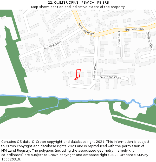 22, QUILTER DRIVE, IPSWICH, IP8 3RB: Location map and indicative extent of plot
