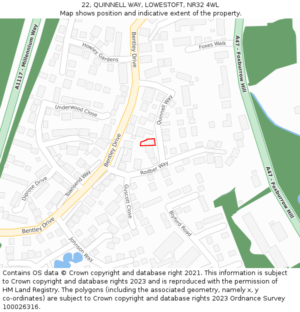 22, QUINNELL WAY, LOWESTOFT, NR32 4WL: Location map and indicative extent of plot