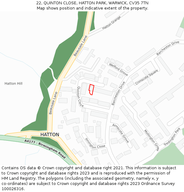 22, QUINTON CLOSE, HATTON PARK, WARWICK, CV35 7TN: Location map and indicative extent of plot